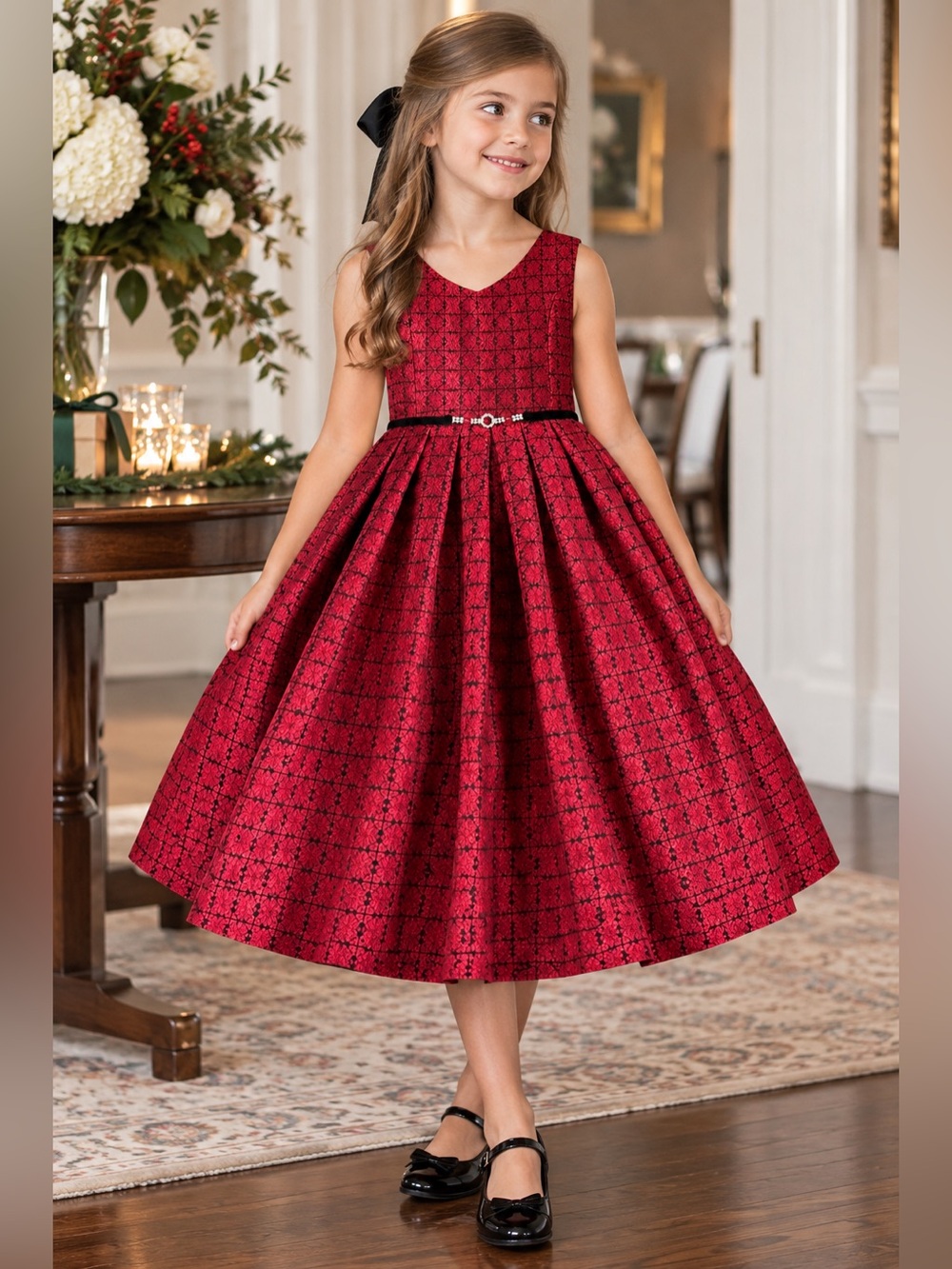 Pippa & Julie | Red Black Floral Brocade Holiday Party Dress | Size 8| MSRP $98